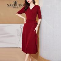 狮洛丹2023春装新款泡泡袖系带连衣裙A字显瘦时尚气质喜红色中长裙