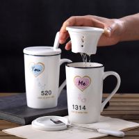 创意情侣陶瓷杯子带盖勺送礼杯子男生女生过滤茶杯咖啡杯马克杯