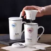 创意情侣陶瓷杯子带盖勺送礼杯子男生女生过滤茶杯咖啡杯马克杯