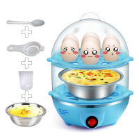 双层煮蒸蛋器蒸蛋羹 奶瓶消毒自动断电 家用 蒸蛋器 煮蛋机 蓝双层+碗+分离器+量杯+勺子