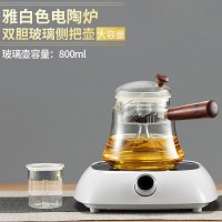 电陶炉煮茶炉家用小型迷你煮茶器玻璃壶铁壶光波炉静音烧水壶套装 雅白色电陶炉+双胆玻璃侧把壶