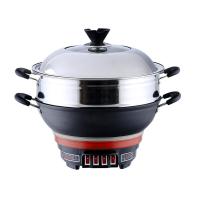 电锅家用多功能电热锅加厚铸铁电炒锅蒸煮一体2-4人电蒸锅炒饭锅 直径34cm一蒸格(竹底蒸笼)