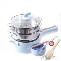 学生宿舍电煮锅电小炒锅麦饭石迷你小型1人2熬粥小电锅一人食泡面 蓝色加2层蒸笼加碗-筷子-勺子