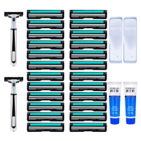 送剃须膏 剃须刀手动双层2刀片刀头老式刮胡刀刮胡子剃毛刀架 2刀架60刀片+2膏+2盒