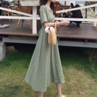 格子连衣裙女夏小清新女装裙子女学生韩版宽松2020新款收腰中长款