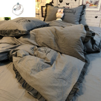 舒适主义ins韩式淑女潮流灰水洗棉床上四件套公主风优雅黑色蕾丝被套床单