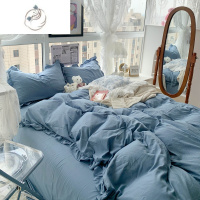 舒适主义ins水洗棉四件套荷叶边被套公主风少女心床笠单人宿舍三件套床上4
