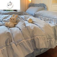 舒适主义韩式ins浅蓝色大花边被套公主风床裙四件套 小清新床单宿舍三件套