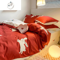 舒适主义可爱兔红色四件套婚庆红色被罩床单1.8米床上四件套