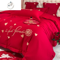 舒适主义结婚床上用品四件套简约床品大红色被套婚嫁喜庆磨毛床单被罩婚房