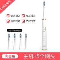 电动牙刷男女成人款USB充电式声波震动儿童自动牙刷软毛防水 白色手柄-5刷头+充电线+旅行盒