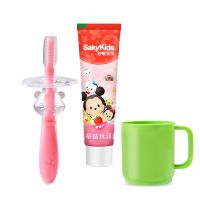 婴儿牙刷宝宝婴幼儿硅胶手指套牙刷软毛训练0-1-2-3岁儿童乳牙刷 硅胶牙刷【粉色】1支+牙膏+漱口杯 6个月以上宝宝