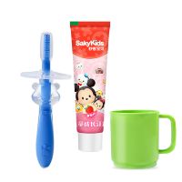 婴儿牙刷宝宝婴幼儿硅胶手指套牙刷软毛训练0-1-2-3岁儿童乳牙刷 硅胶牙刷【蓝色】1支+牙膏+漱口杯 6个月以上宝宝