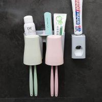 浴室免打孔牙刷架 无痕贴刷牙杯挂壁架 无痕漱口杯洗漱创意牙杯架|竹纤维两口+挤牙器