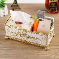 欧式家用抽纸盒客厅茶几多功能遥控器收纳盒创意分格收纳纸巾盒|大号金白[升级多功能款]