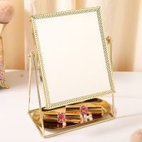 ins化妆镜子北欧梳妆镜宿舍台式化妆小镜子单面金色便携公主镜子|浅金方镜+首饰蝶