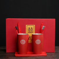 婚庆定制陶瓷情侣漱口杯一对套装创意牙刷杯子牙缸结婚红色洗漱杯|双囍大款一对+红色瓷盘+礼盒