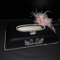 汽车内饰车载纸巾盒镶钻女可爱创意车用车内装饰座式抽纸盒纸巾套|纸巾盒[三天鹅粉羽毛花]+垫