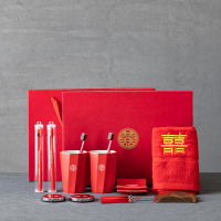 结婚情侣红色漱口杯套装新婚陶瓷洗漱杯礼盒陶瓷牙刷杯套装嫁妆|双喜杯结婚洗漱大套装赠牙膏2支