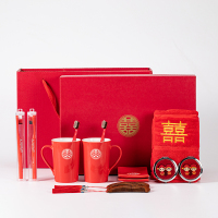 结婚情侣红色漱口杯套装新婚陶瓷洗漱杯礼盒陶瓷牙刷杯套装嫁妆|双喜杯12号洗漱大套装赠牙膏2支