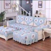 棉麻盖巾四季通用沙发巾靠背巾扶手巾沙发垫全盖防尘罩布艺沙发套|花开富贵-蓝 坐垫80*110+花边