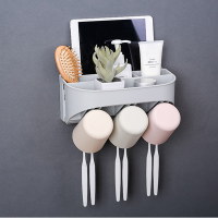 壁挂式牙刷架洗漱套装 带自动挤牙膏器吹风机架架 卫生间置物架|三口之家三杯