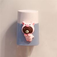 卡通可爱卫生间吸壁式儿童壁挂牙刷杯子牙缸杯牙刷架情侣漱口杯|粉猪熊