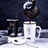 400ml陶瓷杯子简约马克杯带盖勺创意情侣水杯牛奶杯咖啡杯麦片杯