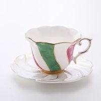 骨瓷咖啡杯套装家用简约英式下午茶茶具欧式花茶杯送架子送勺带碟|红绿罗纹 二杯二盘