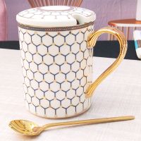 骨瓷咖啡杯套装欧式高档金边创意陶瓷杯带碟带勺茶杯茶具礼盒套具|蓝调年华水杯带盖送勺350ml