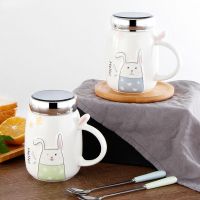 创意浮雕兔马克杯带盖勺镜面杯陶瓷杯子办公室情侣喝水杯咖啡杯