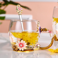 创意珐琅彩水杯家用耐热玻璃杯带把盖咖啡杯女士果汁杯泡花茶杯子