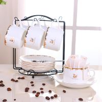 啡忆欧式陶瓷杯咖啡杯套装 简约咖啡杯6件套家用小奢华咖啡杯碟勺|金天鹅(6杯6碟6勺1杯架)