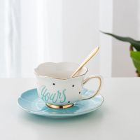 欧式小奢华咖啡杯情侣套装 高档简约ins风陶瓷下午茶杯架女可爱|蓝色荷口杯碟（含小金勺）