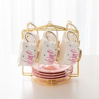 欧式小奢华咖啡杯情侣套装 高档简约ins风陶瓷下午茶杯架女可爱|4个粉色杯碟+4个小金勺+金杯架