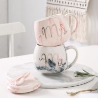 ins北欧情侣杯子大理石纹马克杯创意陶瓷喝水杯带盖勺牛奶咖啡杯