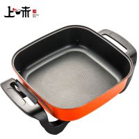 34f加高加厚煎烤锅麦饭石电热锅小方锅烤涮电火锅电煎锅6l|橙色鸳鸯款加高加厚+木铲+汤勺漏勺