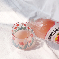韩国ins同款郁金香玻璃杯 少女心花朵图案咖啡杯果汁杯水杯礼物