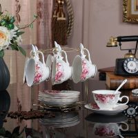 陶瓷咖啡杯套装 英式个性简约下午茶杯茶具家用带勺带碟送架|牡丹6杯碟送勺送架