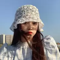 韩国少女自留仙显脸小蕾丝花朵渔夫帽ins镂空透气遮阳盆帽子夏天