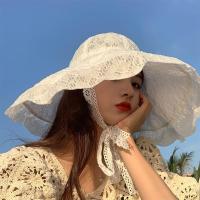 夏季度假蕾丝镂空大沿太阳帽女渔夫帽优雅大帽边系带遮阳帽防晒