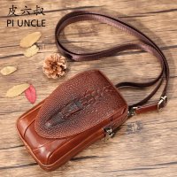 皮六叔真皮男士手机腰包穿皮带头层牛皮竖款穿腰带多功能单肩小包