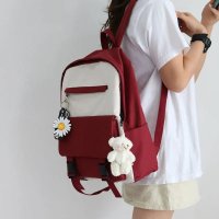 ins书包女学生韩版原宿小清新初中森系少女双肩包高中 红色【升级版】【防泼水+防盗兜】 书包+腮红小熊+小雏菊【双挂件】