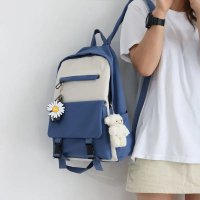 ins书包女学生韩版原宿小清新初中森系少女双肩包 蓝色[加强版][防水+防盗]面料升级 书包+腮红小熊+小雏菊[双挂件]