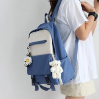 ins书包女学生韩版原宿小清新初中森系少女双肩包高中 蓝色【升级版】【防泼水+防盗兜】 书包+腮红小熊+小雏菊【双挂件】