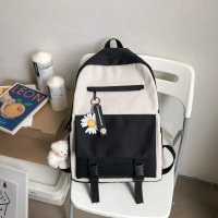 ins书包女学生韩版原宿小清新初中森系少女双肩包高 黑色(普通版)(不防水也有好质量) 书包+腮红小熊+小雏菊[双挂件]