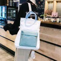 ins个性慵懒风拼接帆布包多用双肩包女斜挎包学生韩版书包女单肩 双肩三用白绿拼