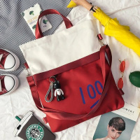 ins个性慵懒风拼接帆布包多用双肩包女斜挎包学生韩版书包女单肩 三用红色送挂件