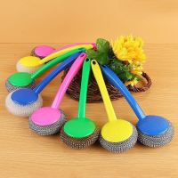 不伤锅清洁球PET钢丝球带手柄锅刷家用长柄刷子带把塑钢洗碗神器 1个清洁球[送1个长手柄] [家居好帮手]