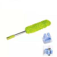 可弯曲拆洗雪尼尔鸡毛掸子 除尘掸扫灰静电清洁天花板墙 除尘掸子 绿色+收纳架 不弯曲伸缩总长1米